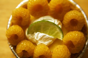 yellow raspberries, lime garnish,